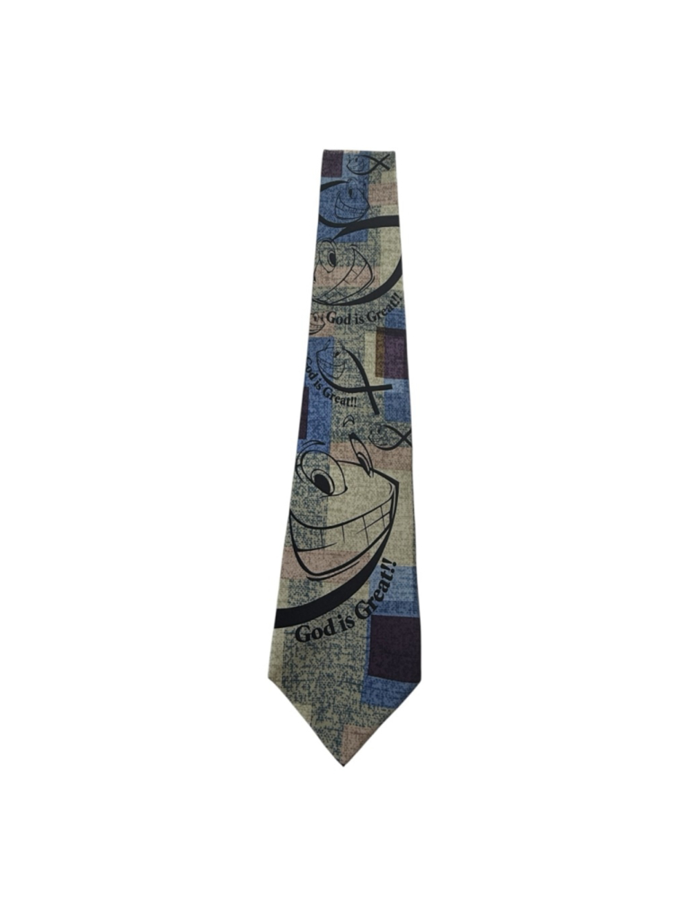 Eagle Neckwear God Is Great Fish Christian Novelty Tie Silk Blue Patchwork